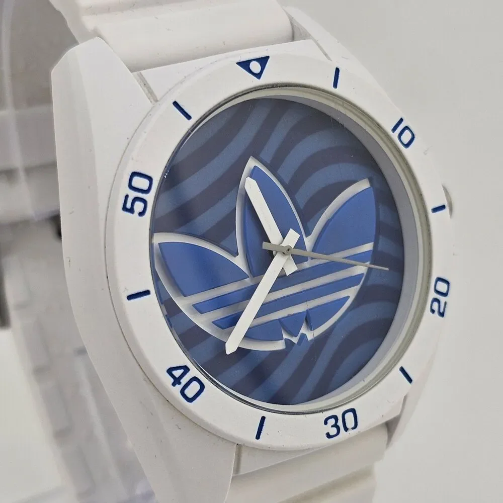 Adidas Men's Watch 41MM Blue White Dial‎ White Plastic Bands New Battery